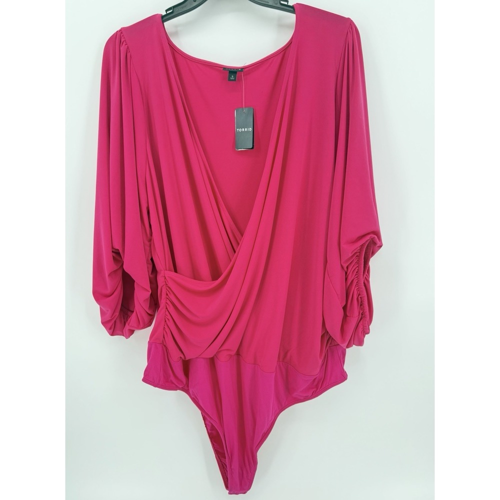 Torrid Studio Knit Surplice Bodysuit Wrap Top Hot Pink Barbie Plus 5X 28W NWT